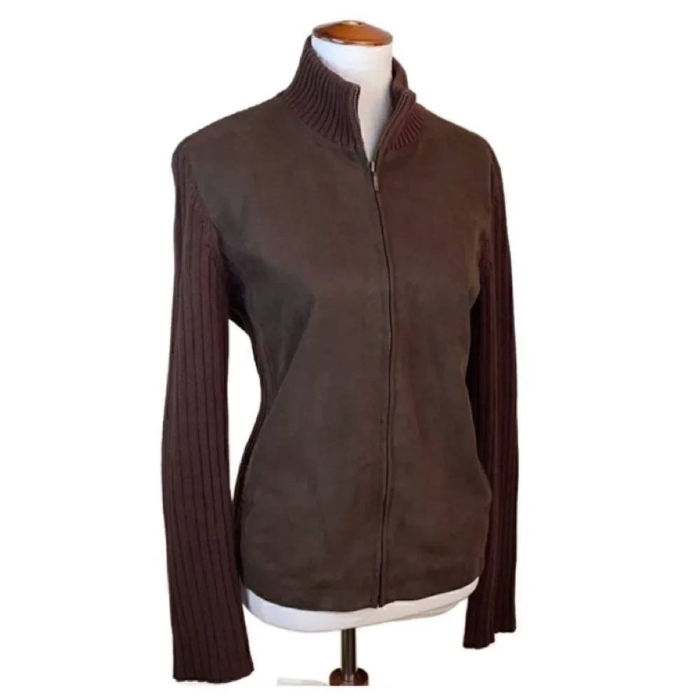 Jones New York Sport Brown Suede Mixed Media Full Zip Jacket (Size: Large)